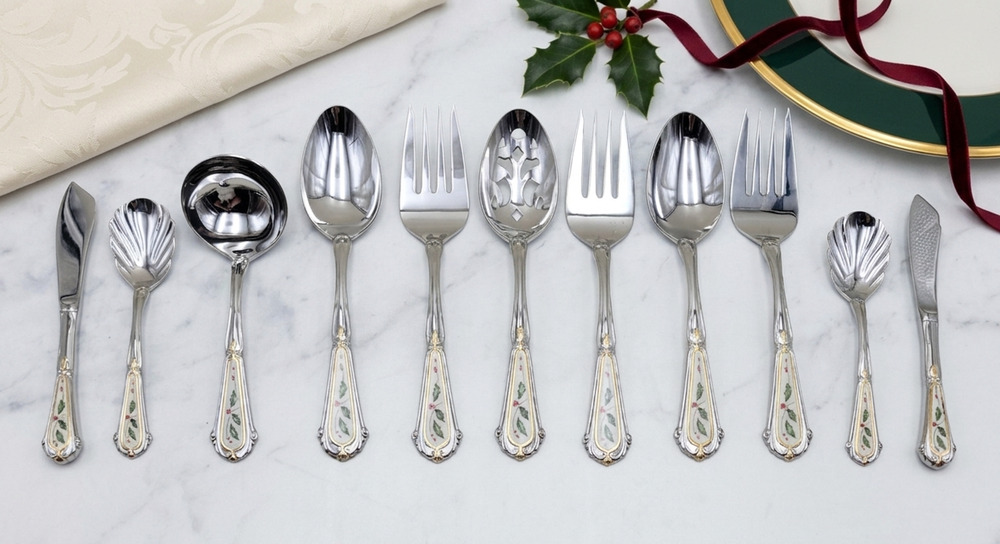 Lenox Holiday 18/8 Stainless Steel Serving Flatware Set of 11 Holly Gold Accent